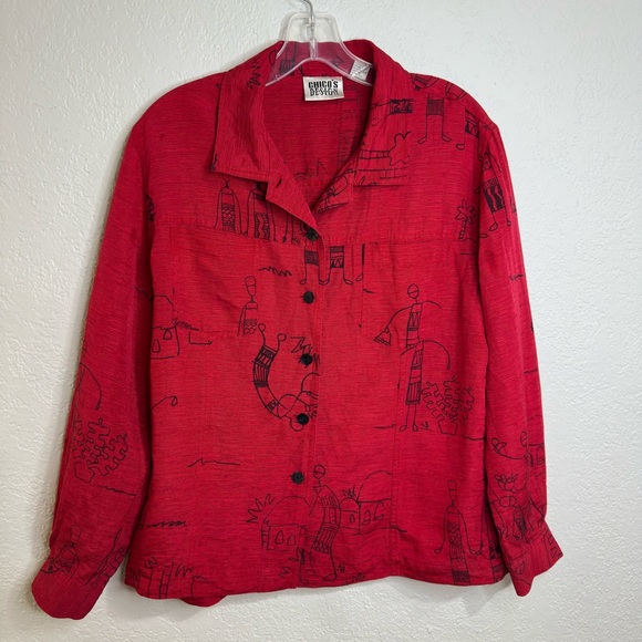 Chico’s Design Blouse Silk Linen Blend Printed Button-Up Red Size 2 - Picture 2 of 14
